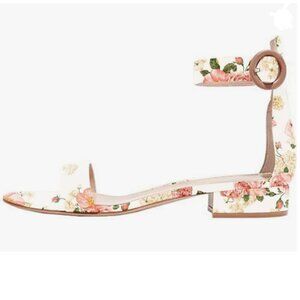 YDN White Flower Low Heeled Ankle Strap Sandals Open Toe Block Shoe Buckle